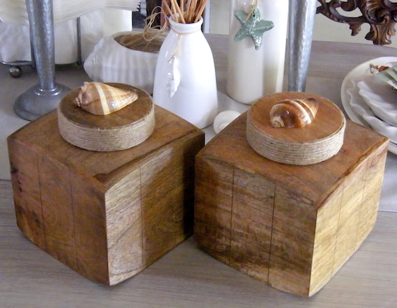 Two (2) curved, square wooden container with seashells for coastal feel ideal for bathroom or any room.