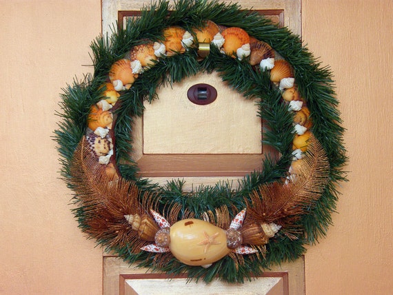 Thanksgiving, Holiday Wreath with Seashells, ribbons, and glittery branches.