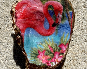 Flamingo Oyster Shell Jewelry Dish, Ring Dish, Decoupage and Gold Leaf