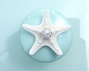 Knobs - Sea glass Mint Seashell Starfish Knobs with Swarovski Crystal and pearl rhinestone