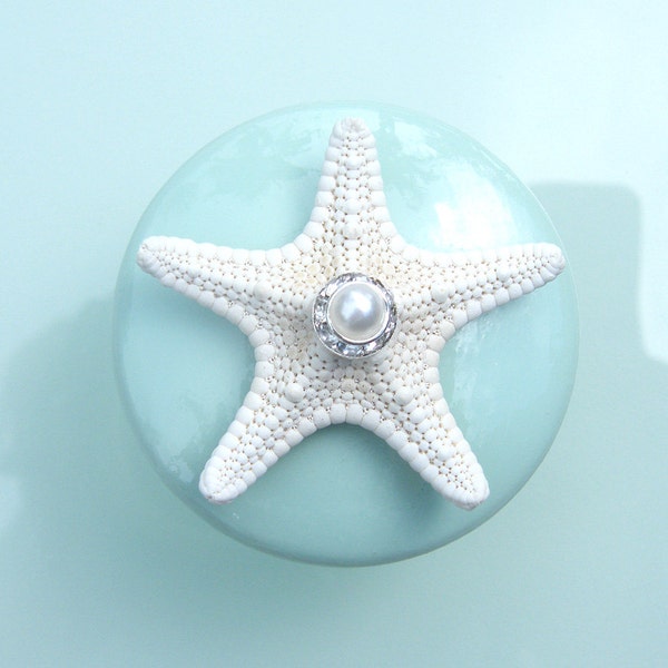 Knobs - Sea glass Mint Seashell Starfish Knobs with Swarovski Crystal and pearl rhinestone