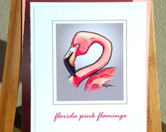 Handmade Note card - Pink Flamingo on White with Pink Envelope