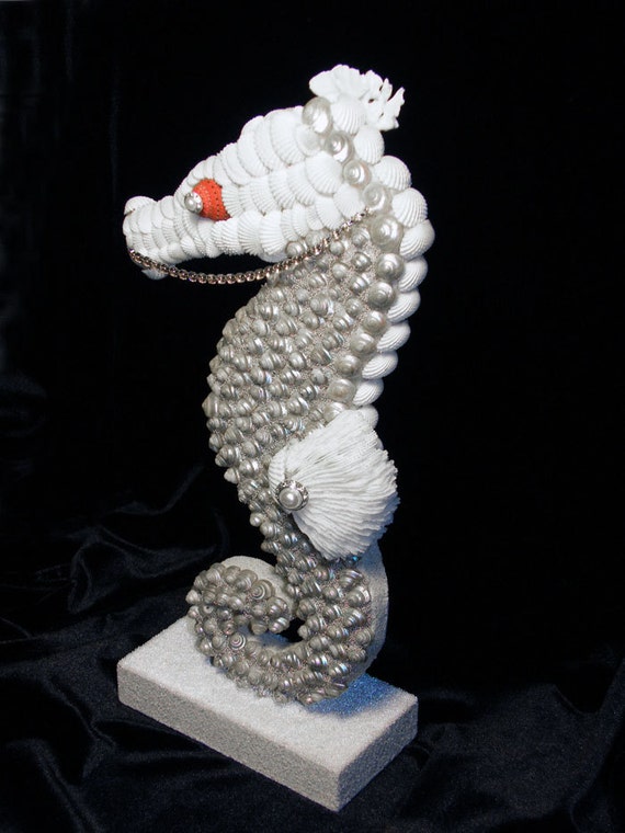 Seahorse adorned with Seashells statue. Home Decor - Nautical.