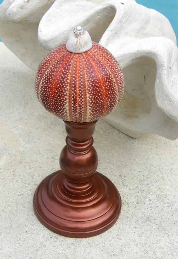 English Sea Urchin Tablestick with Mushroom Coral and Rhinestone/Pearl Adornment