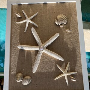 May include: A framed burlap canvas with a white frame. The canvas features a seashell and starfish design. The starfish are white and the seashells are a light brown color. There is a pearl-like button in the center of one of the starfish.