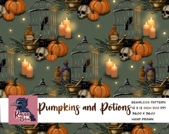 Birdcage, pumpkins and potions, witchy Seamless pattern, wallpaper, Digital Paper (Digital Download)