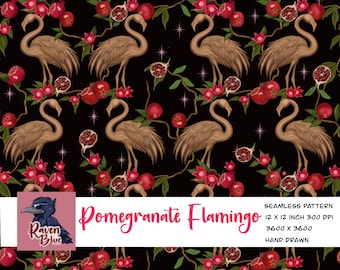 Hand-Drawn Flamingo Pomegranate Seamless Pattern (Digital Download)