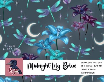 Midnight Lily Dragonfly Seamless Pattern, teal, purple Floral Digital Paper (Digital Download)