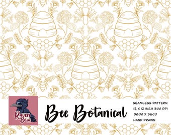 Bee Botanical Line Drawing Seamless Pattern (Digital Download)