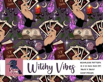 Witchy vibes, mystical, Halloween tarot cards, Seamless pattern, wallpaper, Digital Paper (Digital Download)