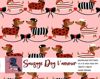 Sausage dogs, Paris, French beret seamless pattern, wallpaper (Digital Download)