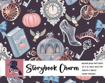Storybook Fairytale seamless pattern, princess, glass slipper, pumpkin (Digital Download)