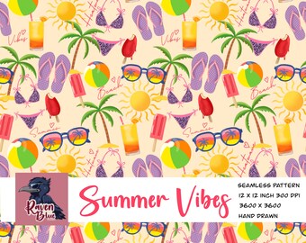 Summer Beach Pattern, Bikini, Cocktails, Flip Flops, beach party (Digital Download)