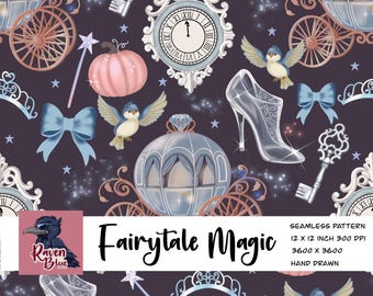 Fairytale seamless pattern, princess, pumpkin carriage (Digital Download)