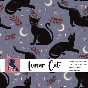 Lunar, Celestial cats, witchy, Seamless repeat pattern, lilac, purple, esoteric, digital, arts and crafts
