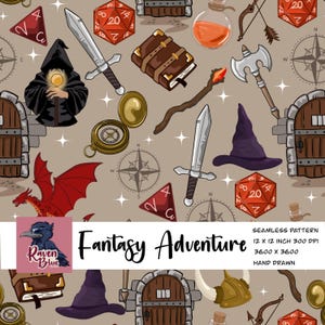 Fantasy adventure dragons seamless pattern, Game,  wizards digital paper, wallpaper, invitation  (Digital Download)