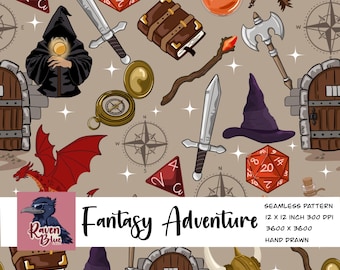 Fantasy adventure dragons seamless pattern, Game,  wizards digital paper, wallpaper, invitation  (Digital Download)