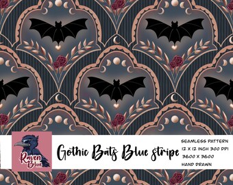 Gothic Bat Moon Phase Seamless Pattern, Dark Academia Floral Digital Paper (Digital Download)