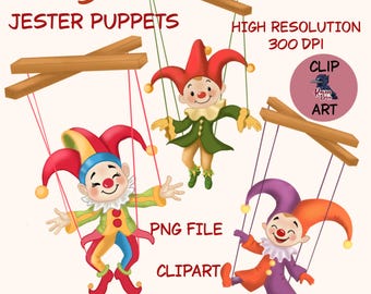 3 Jester puppet clip art bundle, PNG , carnival jester, harlequin  DIGITAL DOWNLOAD
