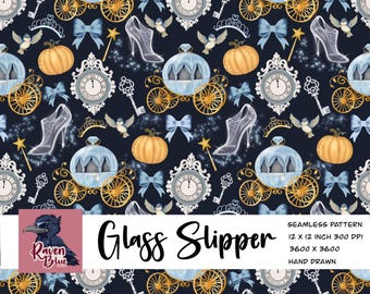 Storybook Fairytale seamless pattern, princess, glass slipper , pumpkin (Digital Download)