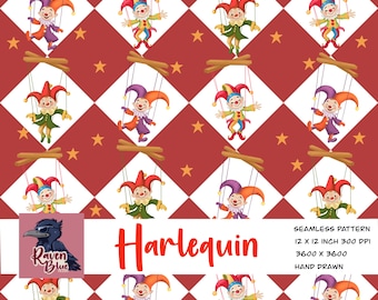 Harlequin Jester Puppets Seamless Pattern, Carnival Diamond Digital Paper (Digital Download)