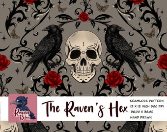 Gothic skull and Ravens, Victorian gothic  Seamless Pattern (Digital Download)