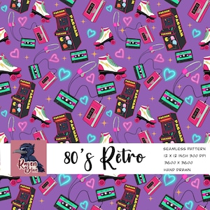 80s themed seamless repeat pattern, digital download, stranger things, neon, 80’s retro
