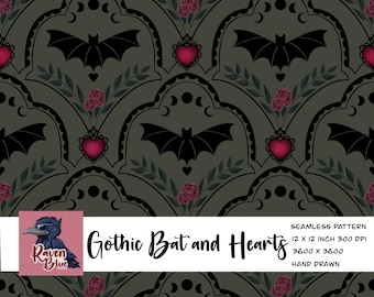 Gothic bat seamless pattern, hearts, dark academia, floral arch, digital paper, wallpaper, (Digital Download)