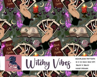 Witchy vibes, mystical, Halloween tarot cards, Seamless pattern, wallpaper, Digital Paper (Digital Download)