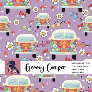 May include: A hand-drawn seamless pattern with camper vans, flowers, mushrooms, and sunglasses on a lavender background. The vans have the words "Peace" and "Love". The text "Groovy Camper" is also present. The pattern is 12 x 12 inches.