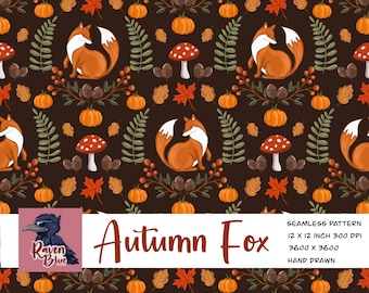 Autumn fox, woodland Seamless pattern, wallpaper, Digital Paper (Digital Download)