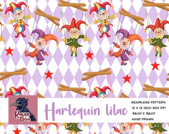Harlequin  jester puppets, kids nursery, Seamless pattern, wallpaper, Digital Paper (Digital Download)