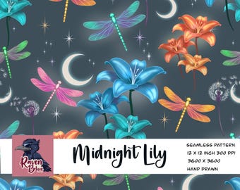 Midnight Lily Dragonfly Seamless Pattern, Colorful Floral Digital Paper (Digital Download)