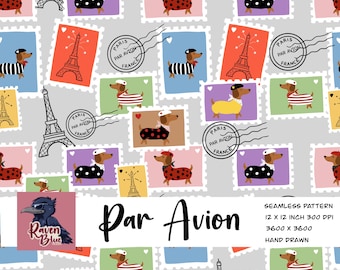 Sausage dog, Paris, postage stamps digital paper, wallpaper, fabric  (Digital Download)