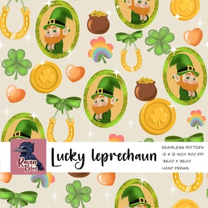 May include: A seamless pattern with St. Patrick's Day motifs. It showcases leprechauns, gold coins, horseshoes, shamrocks, rainbows, and pots of gold. The words "Lucky Leprechaun" are included. The design is hand-drawn.