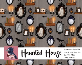 Haunted house seamless pattern, Halloween wallpaper dark academia wallpaper (Digital Download)