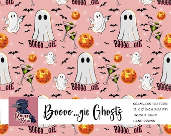 Retro Disco Ghosts Halloween Seamless Pattern, Pink Background (Digital Download)