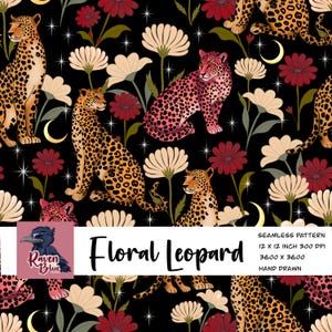 Könnte beinhalten: Ein nahtloses Muster mit Leoparden, roten und cremefarbenen Blumen und Mondsicheln auf schwarzem Grund mit Sternen. Der Text umfasst Raven Blue, Floral Leopard, Seamless Pattern, 12 x 12 inch 300 dpi, 3600 x 3600, Hand Drawn.