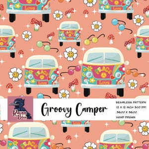 May include: Seamless pattern featuring a repeating design of colorful camper vans, flowers, mushrooms, and sunglasses on a peach background. The vans have "Peace" and "Love" text. The words "Groovy Camper" are also in the image.