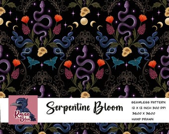 Snakes and florals  Seamless pattern, wallpaper, Digital Paper (Digital Download)