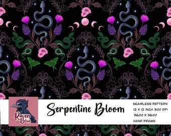 Snakes and florals pink, Seamless pattern, wallpaper, Digital Paper (Digital Download)