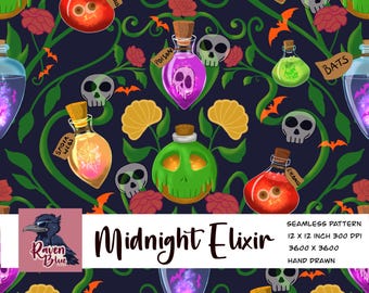 Halloween potion bottle, colourful vines seamless pattern, wallpaper (Digital Download)