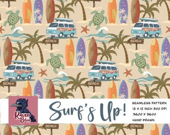 Surfing, camper Van, Turtles, Palm Trees Seamless Pattern (Digital Download)