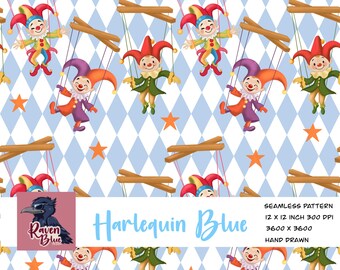 Harlequin Jester Puppets Seamless Pattern, Blue Diamond Kids Nursery Digital Paper (Digital Download)