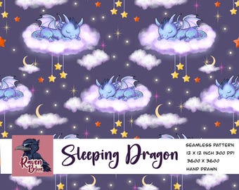 Dragon baby sleeping on a cloud, seamless pattern, wallpaper (Digital Download)