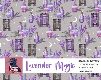 Lavender flowers, rosemary, books and potion bottles   Seamless pattern, wallpaper, Digital Paper (Digital Download)