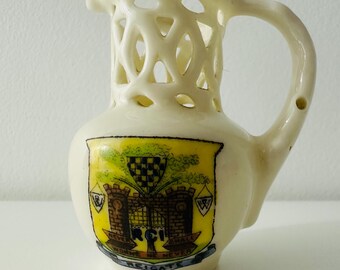Antique Style Old English Puzzle Jug – Reigate Crest – South Kensington Museum Model – Made in England – Collectible Creamware