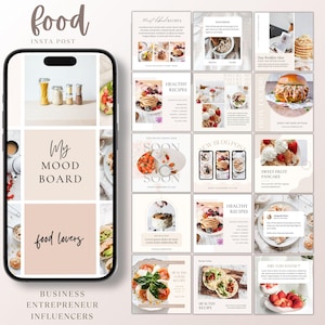 May include: A digital collage featuring a smartphone displaying a "My Mood Board" graphic, surrounded by food-themed Instagram post templates. The templates showcase recipes, food photography, and the text "food lovers". The text "Business Entrepreneur Influencers" is also visible.