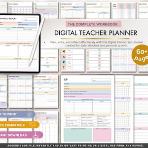 Op de afbeelding: Een digitale docentenplanner met een tablet en stylus, met pagina's voor voortgangsrapporten, IEP's en dagelijkse beoordelingen. De planner bevat de tekst "The Complete Workbook Digital Teacher Planner" en is ontworpen voor gemakkelijk printen en digitaal gebruik.