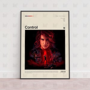 May include: A framed poster for the video game "Control" with a central image of a woman with red hair. The poster has a black backdrop with red and white details, and the game's title is in white.